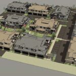 A 3d model of a neighborhood with houses, rods and trees.